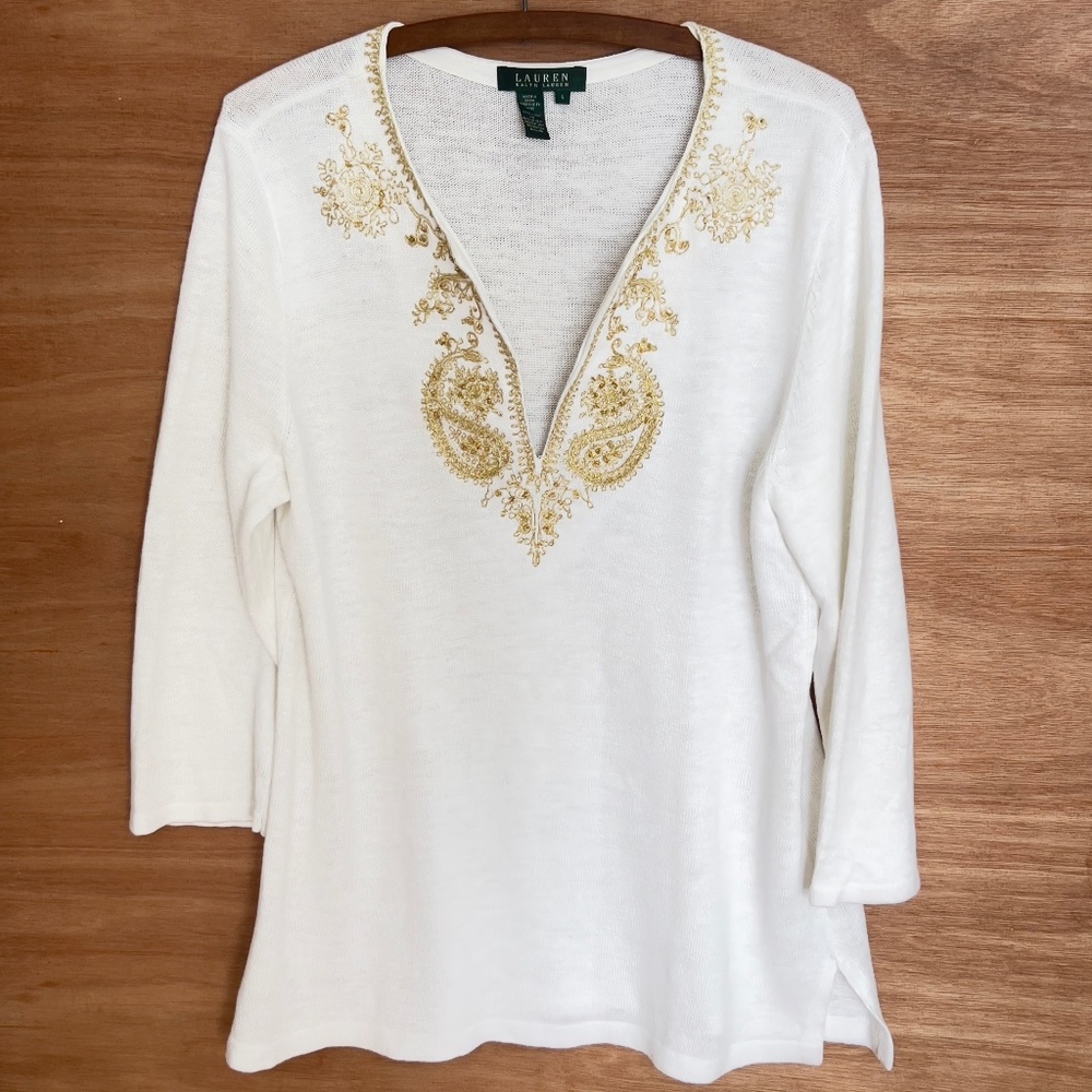 Lauren Ralph Lauren 100% linen tunic top size L white gold embroidered